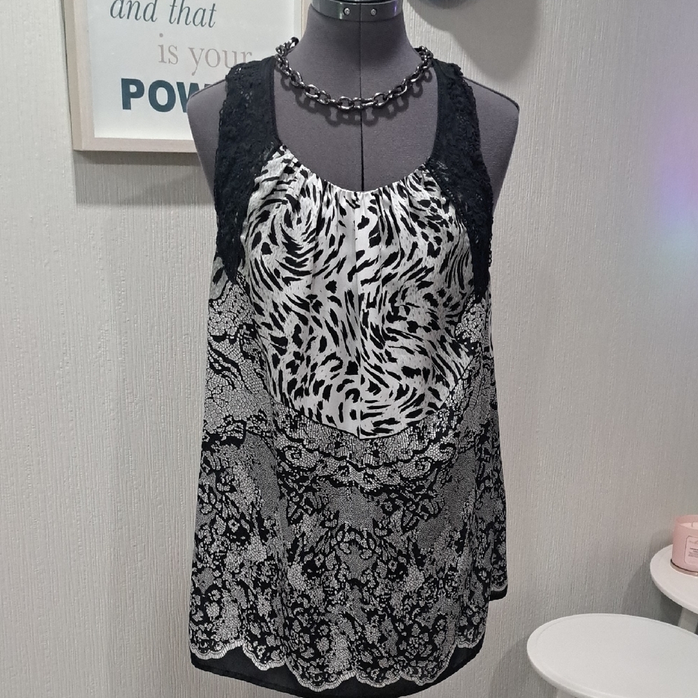 Allen B. By Allen Schwartz Black and White Asymmetrical Embellished Tank Top